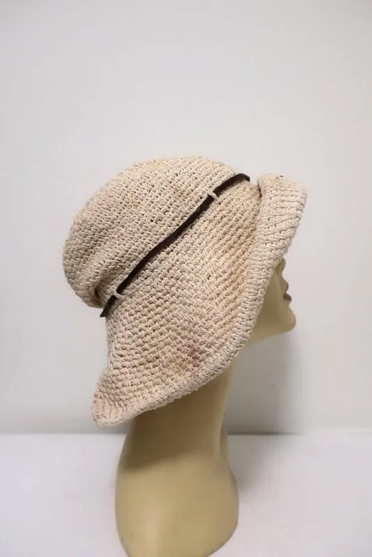 Valeur Mad Factory Floppy Hat Ivory Crochet Knit with Brown Leather Tie