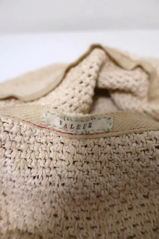 Valeur Mad Factory Floppy Hat Ivory Crochet Knit with Brown Leather Tie