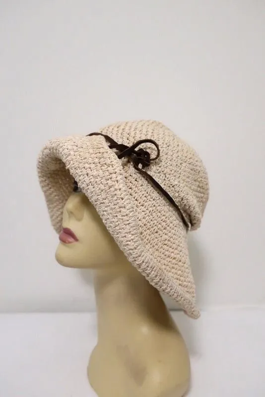 Valeur Mad Factory Floppy Hat Ivory Crochet Knit with Brown Leather Tie