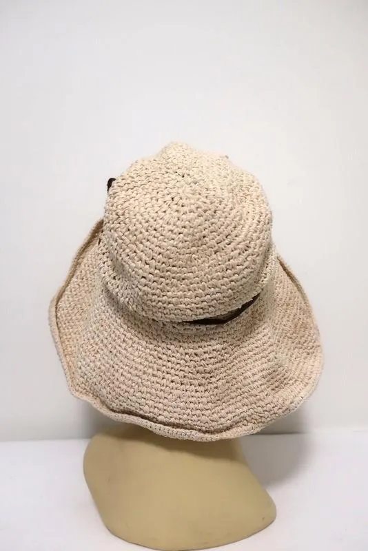 Valeur Mad Factory Floppy Hat Ivory Crochet Knit with Brown Leather Tie