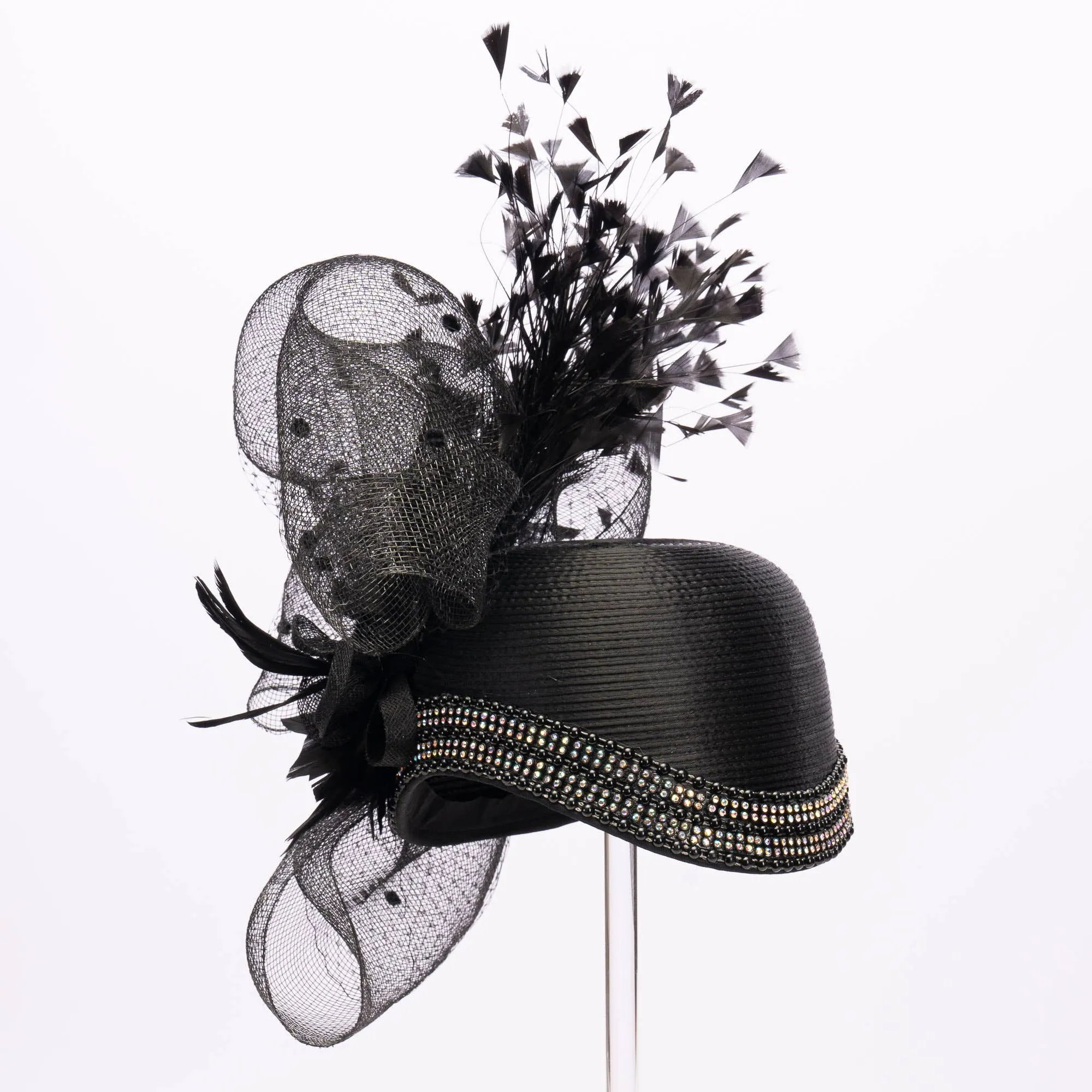 Variety Feather And Puff Crinoline Bow On Satin Cloche Base: Black