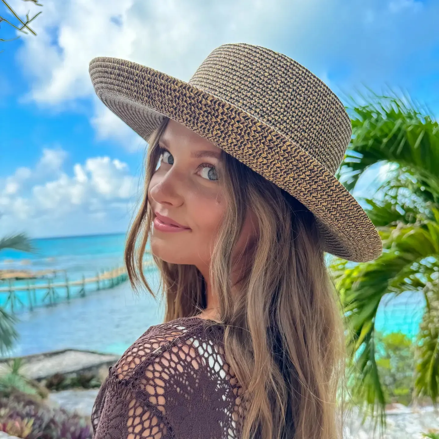 Vegan Leather Belt Band C.C Boater Sun Hat-Natural Multi