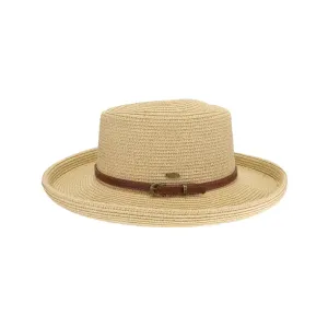 Vegan Leather Belt Band C.C Boater Sun Hat-Natural Multi