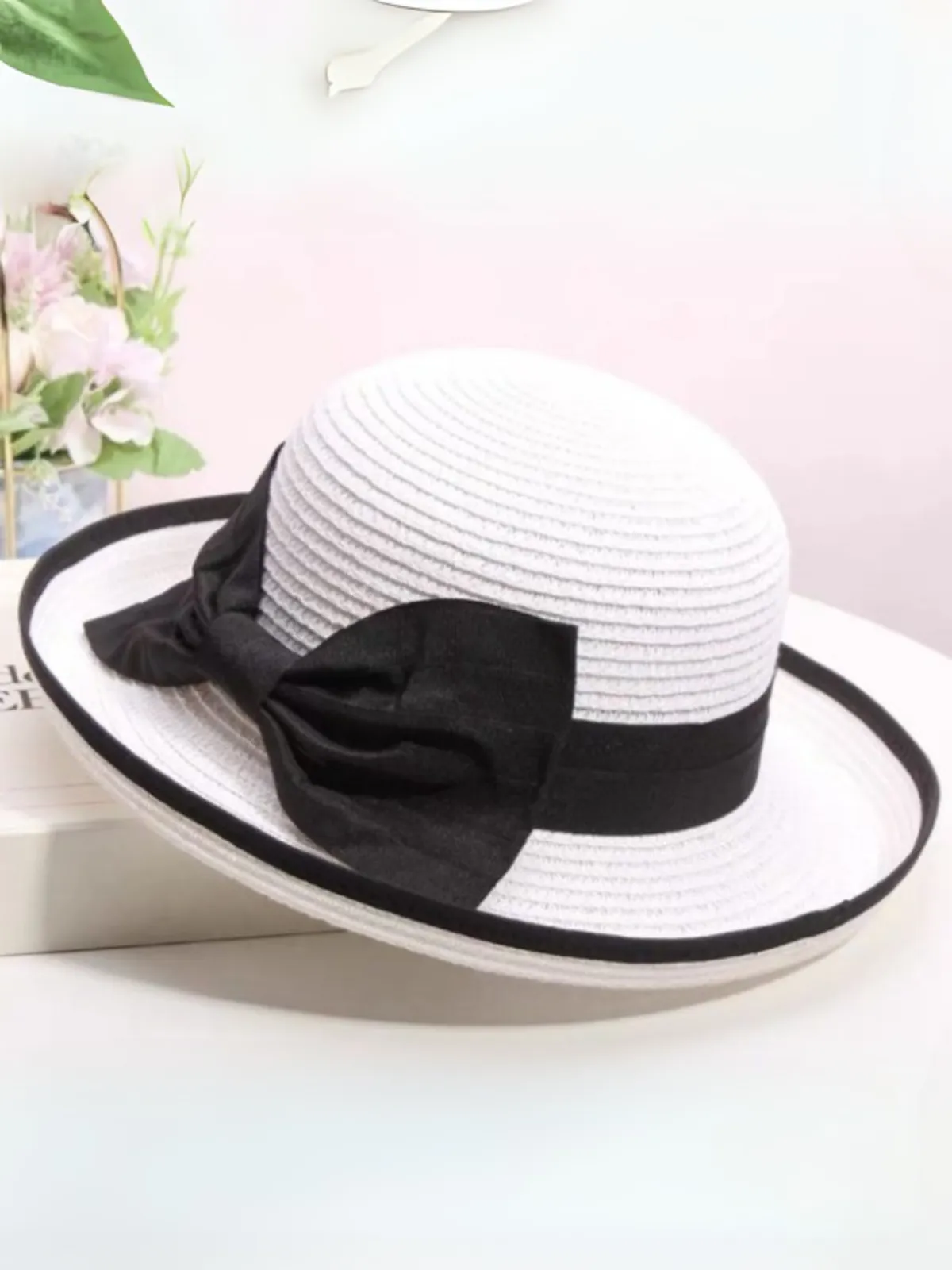 White and Black Bow Straw Hat