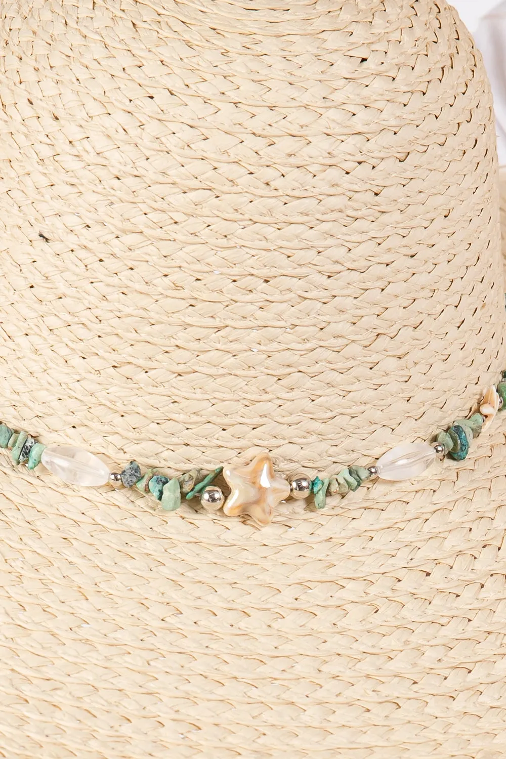 Wide Brim Floppy Sun Hat with Turquoise Stone and Starfish Band Beige - Pack of 6