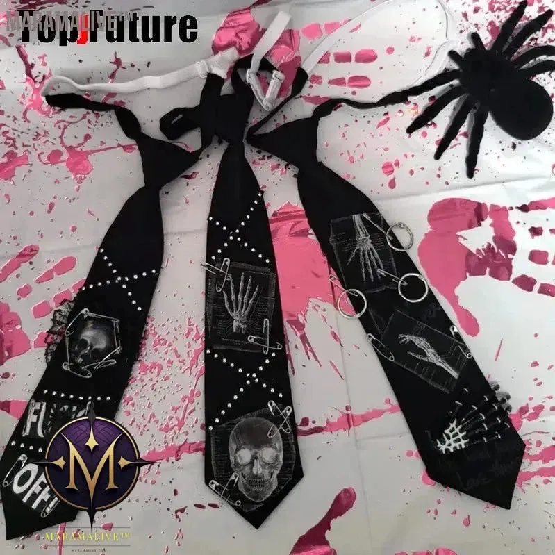 Women Men Y2K Girl Boy Gothic Harajuku Punk Steampunk Pre-Tied Ties Skeleton Necktie Accessories Halloween Cosplay Tie Choker