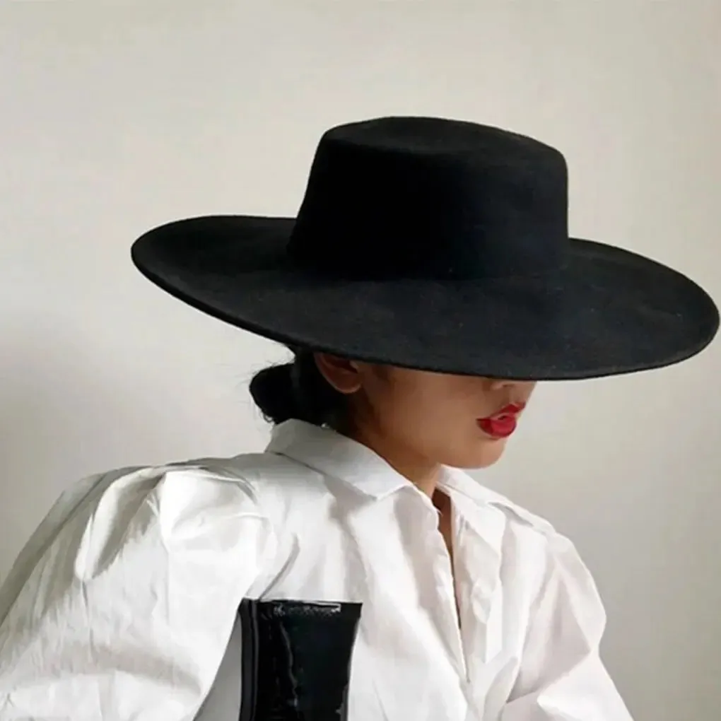 Women's Black Felt Hat, Fashion Classic Blend Fedora Formal Top Hat Wide Brim Flat Church Derby Cap