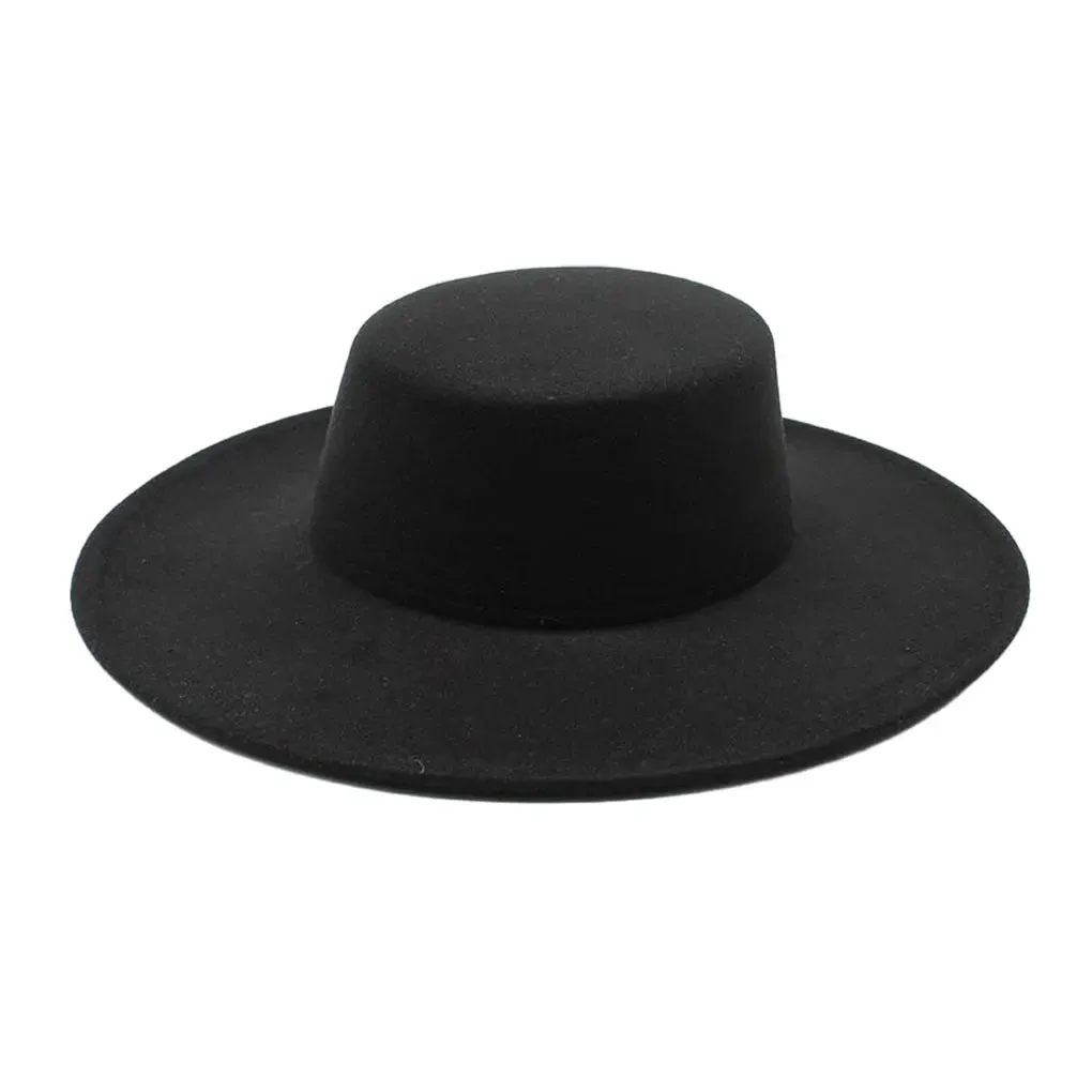 Women's Black Felt Hat, Fashion Classic Blend Fedora Formal Top Hat Wide Brim Flat Church Derby Cap