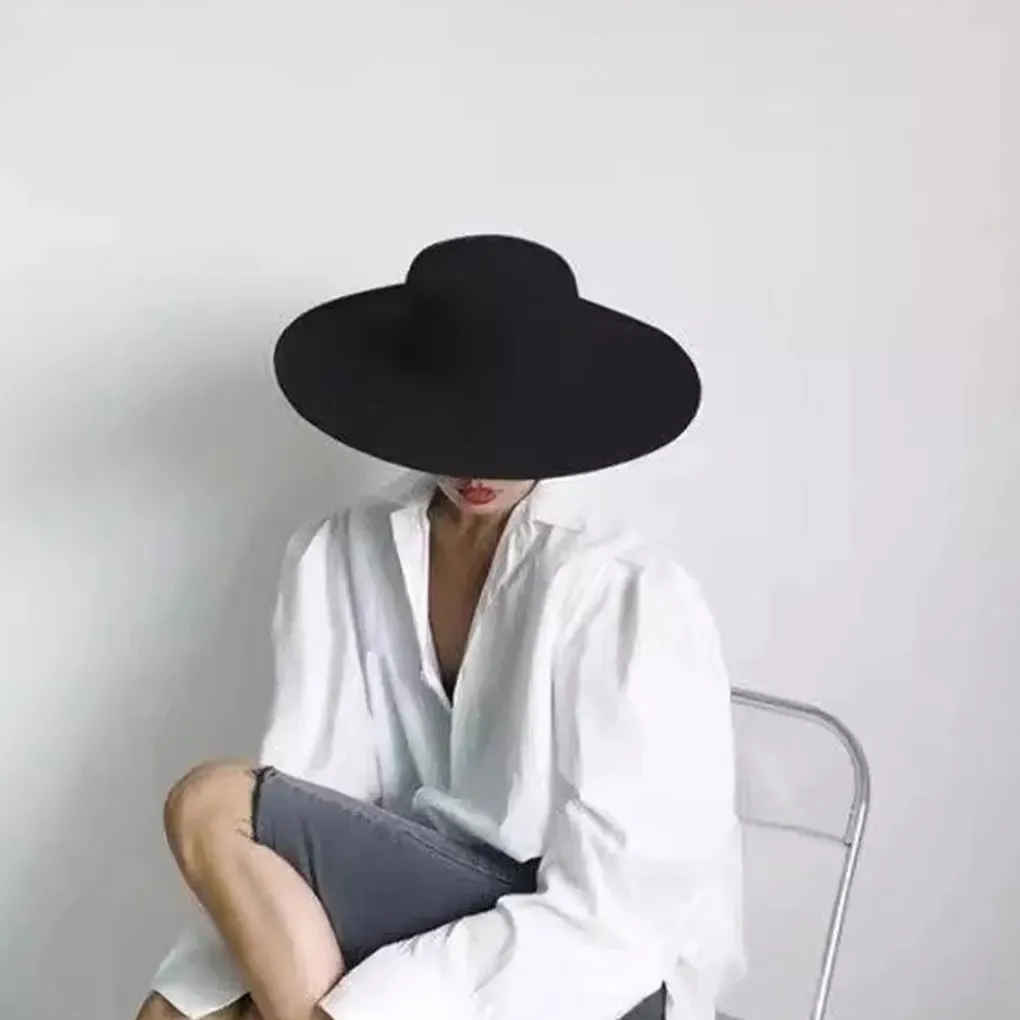 Women's Black Felt Hat, Fashion Classic Blend Fedora Formal Top Hat Wide Brim Flat Church Derby Cap