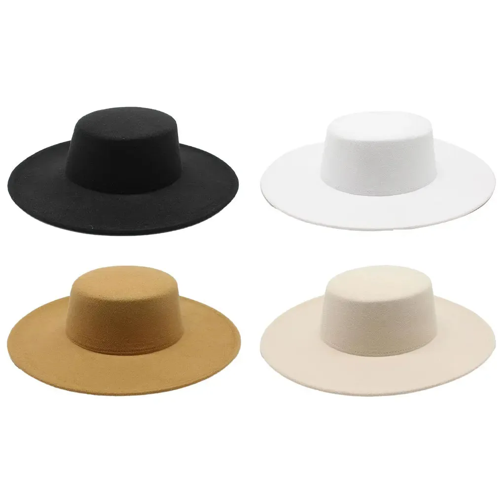 Women's Black Felt Hat, Fashion Classic Blend Fedora Formal Top Hat Wide Brim Flat Church Derby Cap