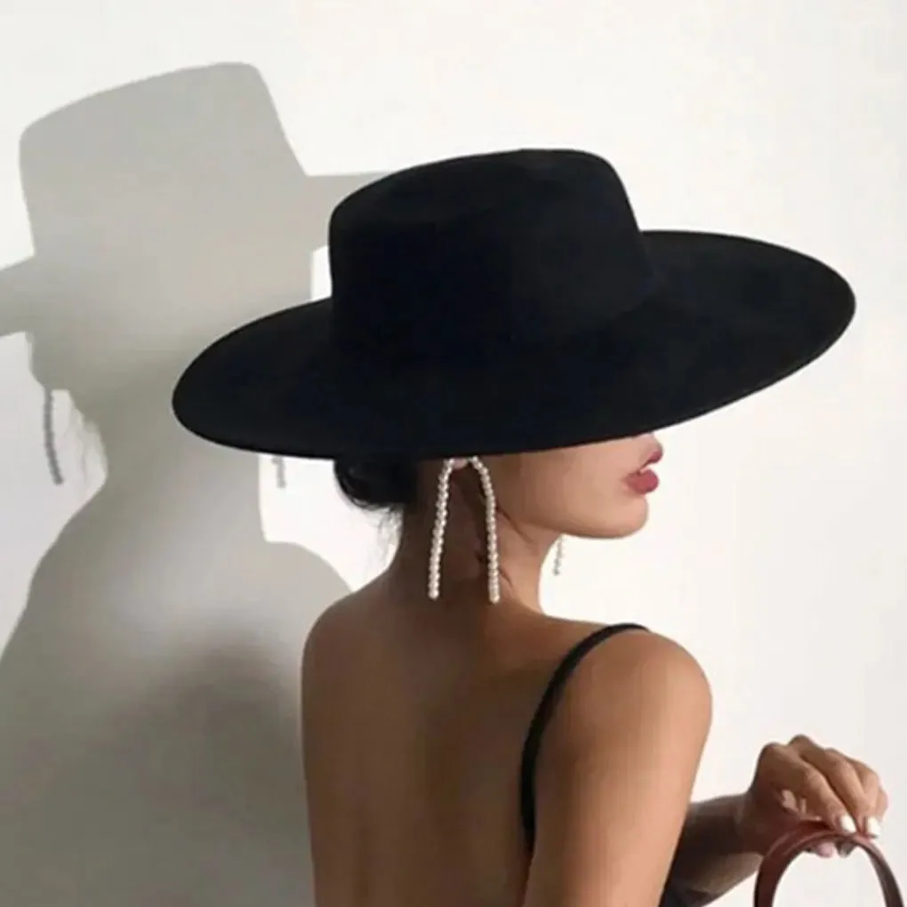 Women's Black Felt Hat, Fashion Classic Blend Fedora Formal Top Hat Wide Brim Flat Church Derby Cap